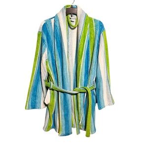 Taylor Marcs Intimate Collections Blue Green Striped Plush Fleece Robe Sz L/XL